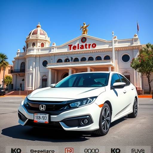 Fotografía de un elegante sedán Honda Civic blanco estacionado frente al Teatro Degollado en el centro de Guadalajara.