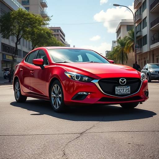 Fotografía de un flamante Mazda 3 rojo estacionado en una calle soleada de Guadalajara.