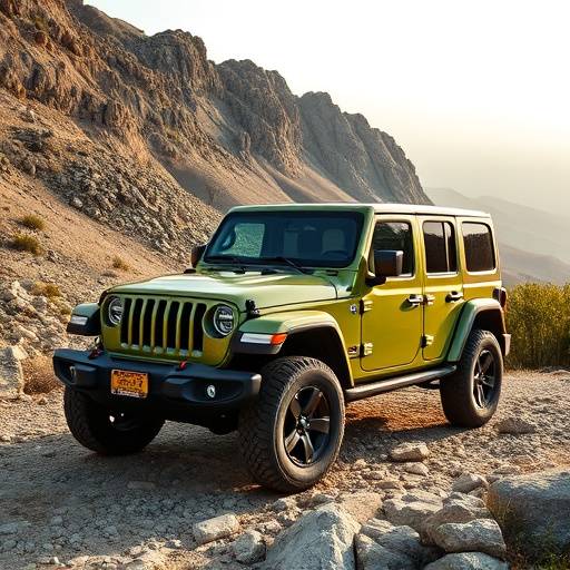 Fotografía de un Jeep Wrangler Unlimited verde oliva recorriendo un sendero rocoso en las montañas cerca de Guadalajara.