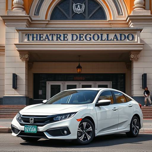 Fotografía de un moderno Honda Civic blanco perla, estacionado frente al icónico Teatro Degollado en Guadalajara, Jalisco.