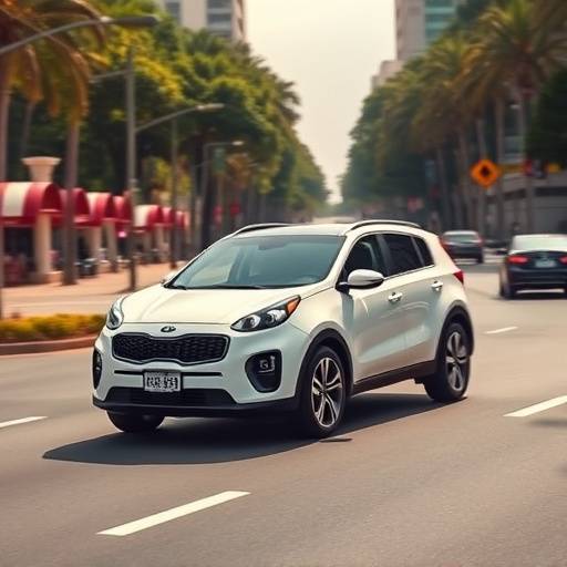 Fotografía de una moderna camioneta Kia Sportage blanca circulando por la Avenida Chapultepec en Guadalajara.