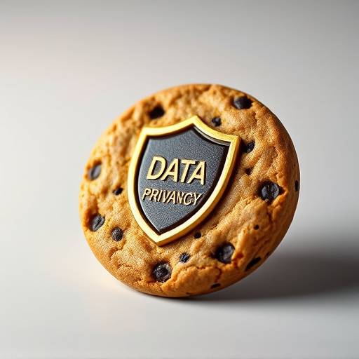 Ilustración de una galleta (cookie) con un escudo que simboliza la protección de datos y privacidad.
