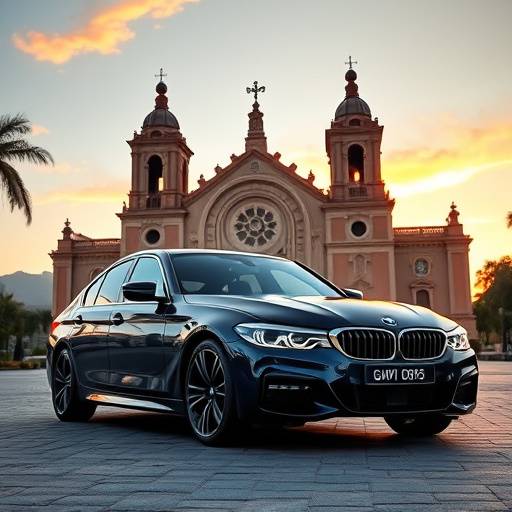 Imagen de un lujoso BMW Serie 3 color azul marino, estacionado frente a la Catedral de Guadalajara, Jalisco, durante el atardecer.