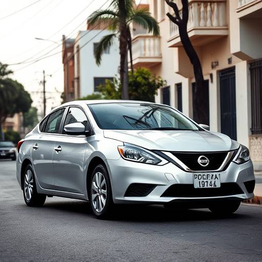 Imagen de un Nissan Sentra gris plata moderno estacionado en un barrio residencial tranquilo de Guadalajara.