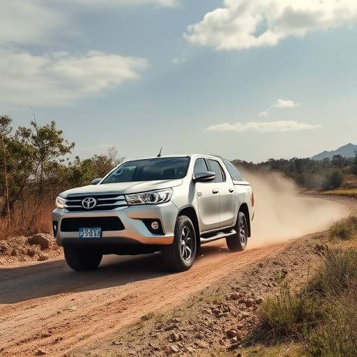 Imagen de una robusta camioneta Toyota Hilux gris plateada recorriendo un camino de terracería en las afueras de Guadalajara.