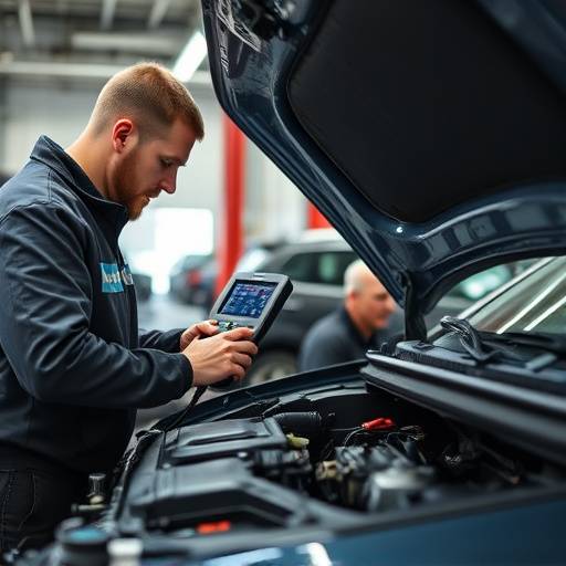Un técnico utilizando un equipo de diagnóstico electrónico para revisar el sistema de un automóvil en Autos Excelencia.